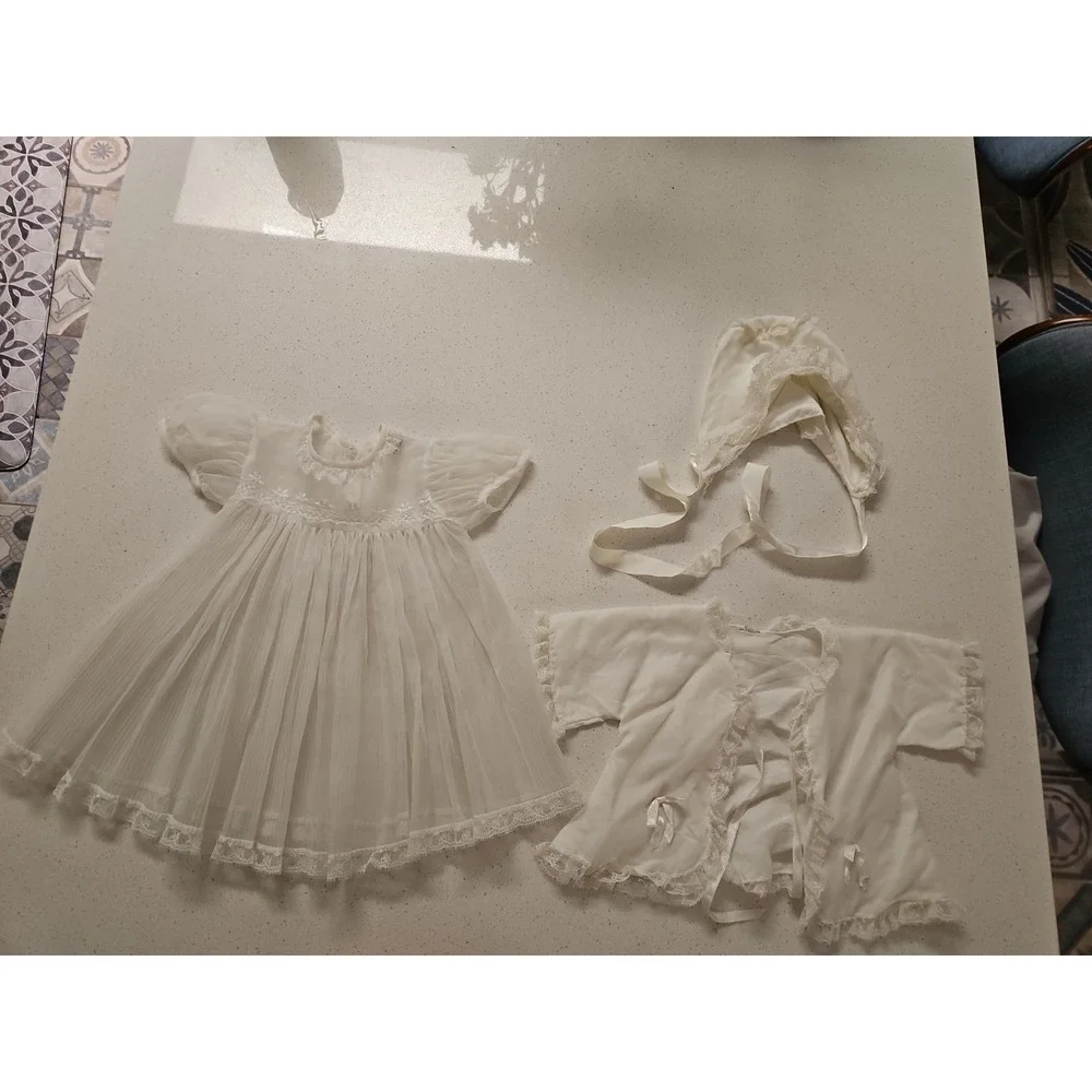 Madonna Original Vintage Baby Christening Dress‎ Pleated White Lace 3 Pc Set